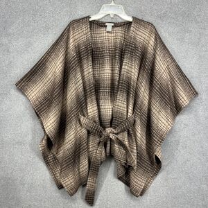 Ann Taylor Belted Poncho Womens One Size Brown Plaid Lightweight Open Front Wrap